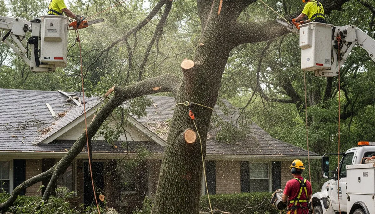 Emergency tree service crew in Oak Park, IL removing storm-damaged trees safely