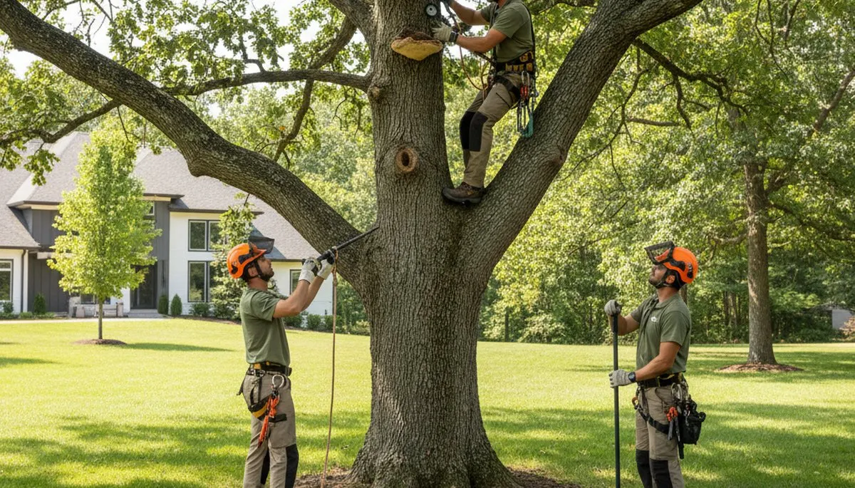 Arborist inspecting diseased tree in Oak Park, IL for professional tree disease treatment