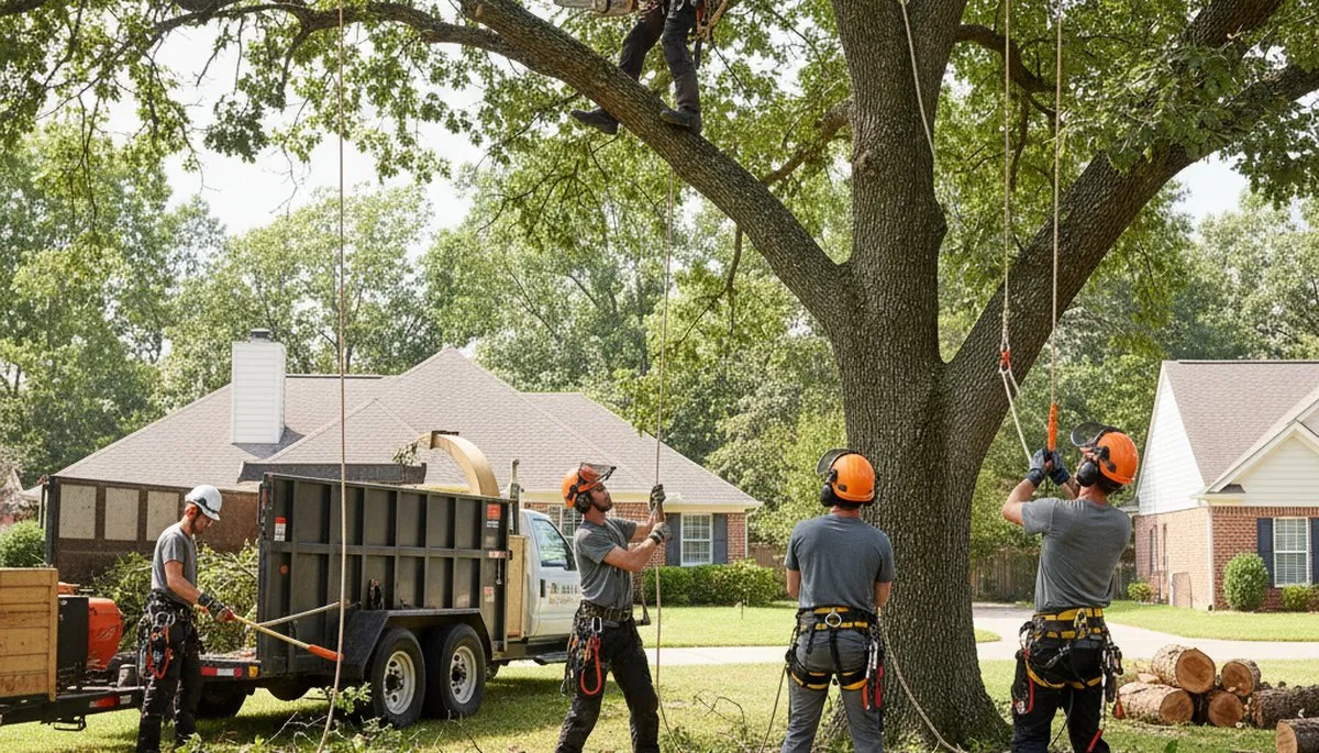 Oak Park, IL tree removal crew safely removing a hazardous tree from a residential property