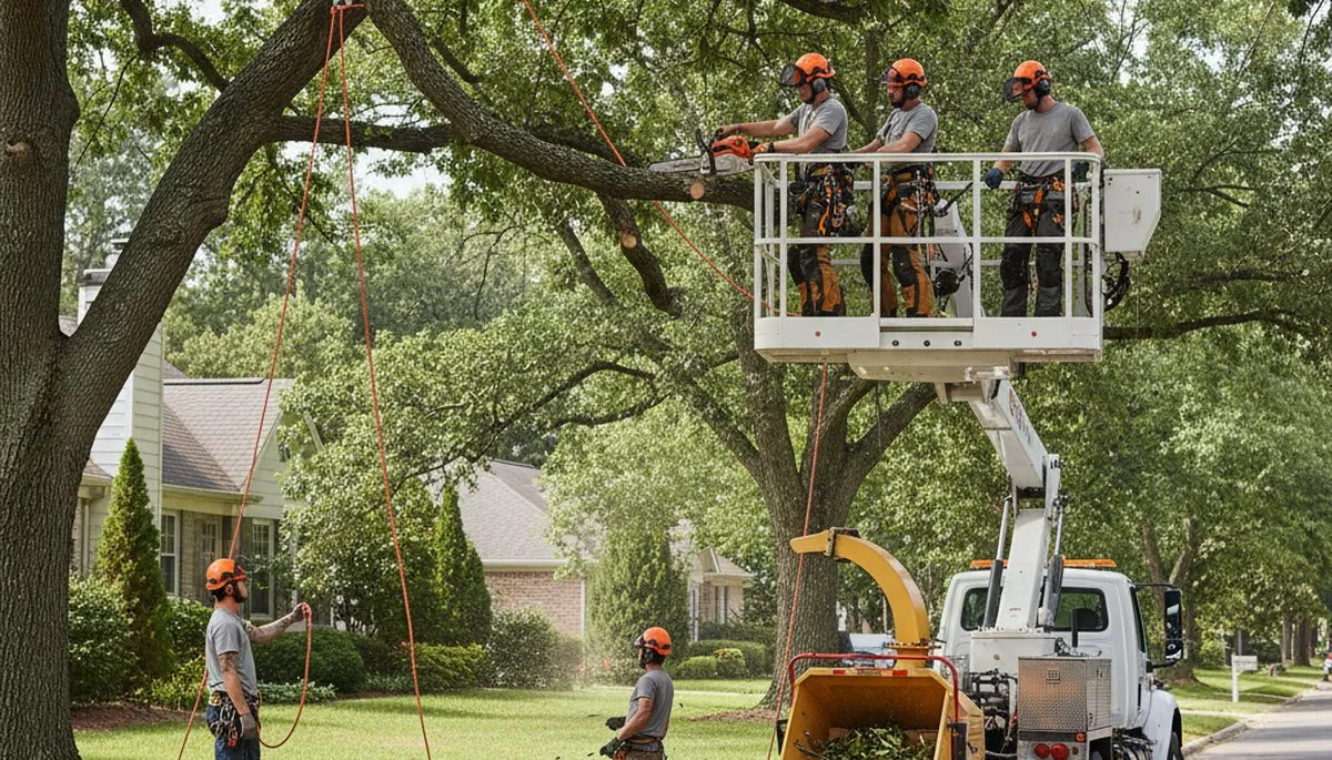 Oak Park, IL tree removal crew safely removing a hazardous tree for a local property